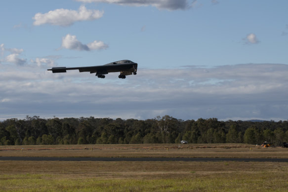 A United States Air Force B2 stealth bomber lands at Amberley RAAF base on Sunday.