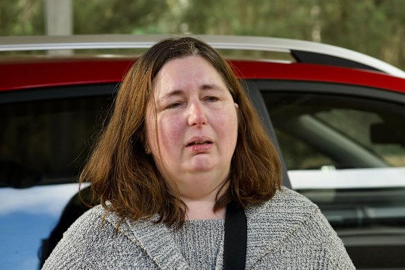 Erin Patterson speaks to the media outside her home in August 2023.
