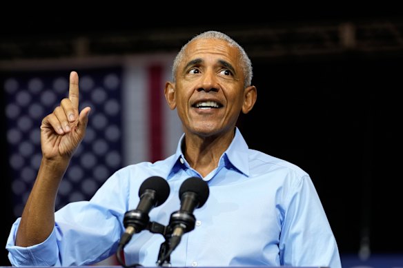 Barack Obama at a campaign rally for Democratic candidate Sherrod Brown in Cleveland on Saturday.