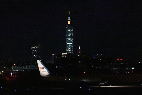 The US government plane carrying Speaker of the House Nancy Pelosi arrives in Taiwan on August 2.