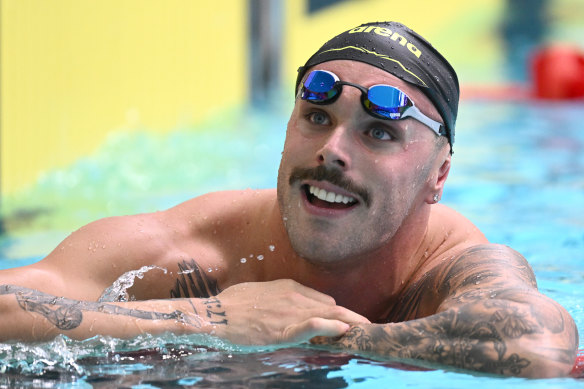 Kyle Chalmers catches his breath after the 100m freestyle final at the Australian swimming trials. 