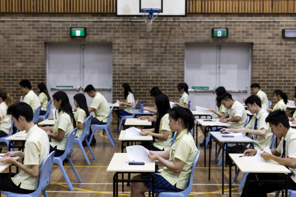 Students sit the first HSC examination in English at St John's Park High in Greenfield Park.