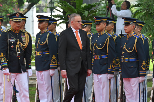 Prime Minister Anthony Albanese inspects the guard of honour at a ceremony at the Malacanang Presidential Palace in Manila.