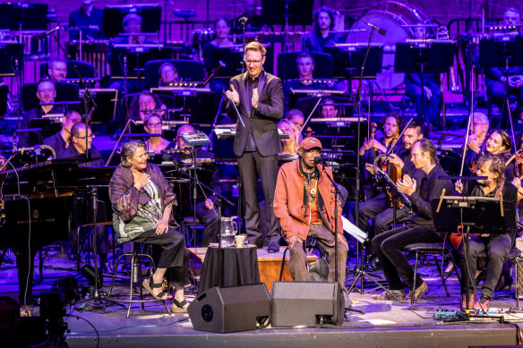 Archie Roach and the Melbourne Symphony Orchestra on stage at the Sidney Myer Music Bowl.
