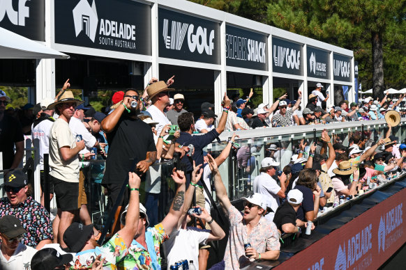 Fans cheer on LIV Golf’s party hole at Adelaide.