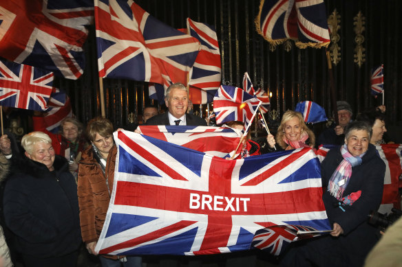 Brexit supporters hold a rally to celebrate the country leaving the European Union.