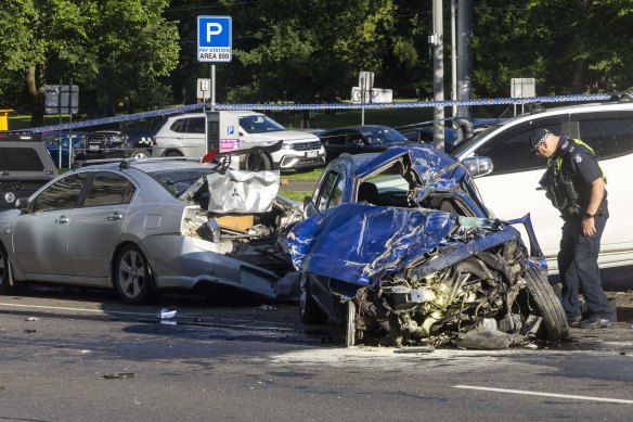 The crash outside St Vincent’s Hospital in East Melbourne on Friday morning.