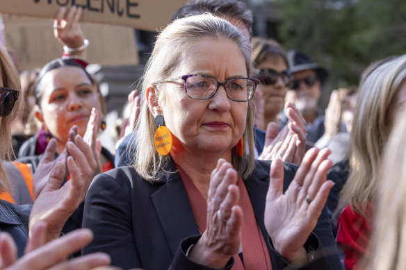 Premier Jacinta Allan at a women’s safety protest in the CBD on Sunday morning.