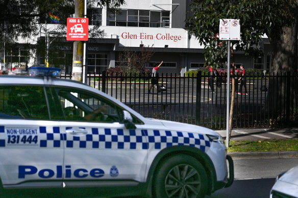 Police patrol Glen Eira Secondary School on Wednesday.