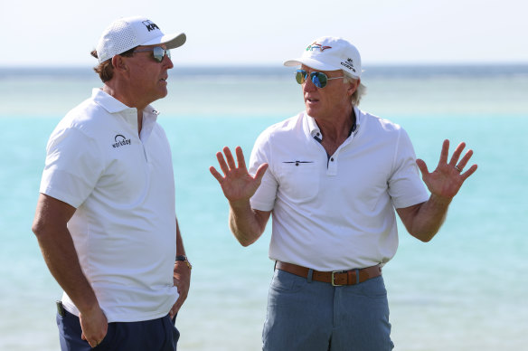 Phil Mickelson and Greg Norman before the Saudi International in February.
