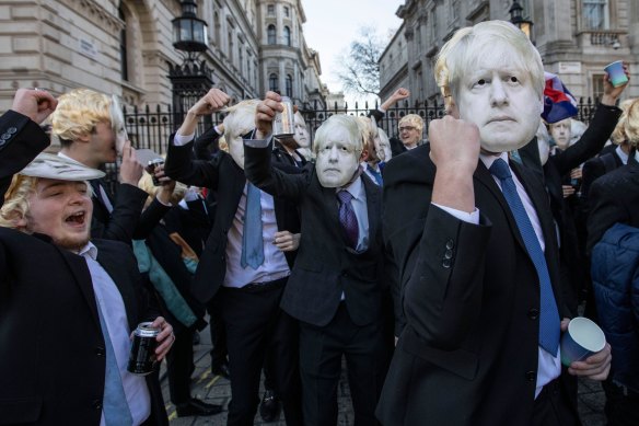 A flash mob of ‘partygate’ anti-Boris Johnson protesters at Downing Street. 