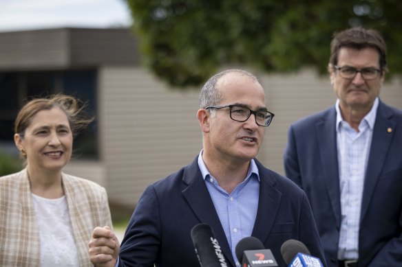 Victoria’s acting Premier James Merlino with Environment Minister Lily D’Ambrosio and former federal climate change minister Greg Combet.
