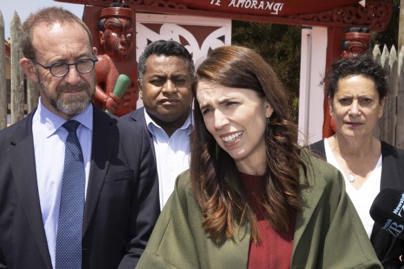 Prime Minister Jacinda Ardern talks to media after meeting with the families of victims of the Christchurch shooting.