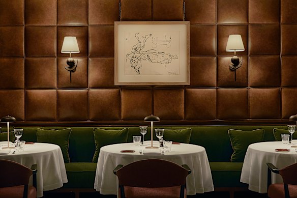 The leather-panelled walls of Spiga restaurant.