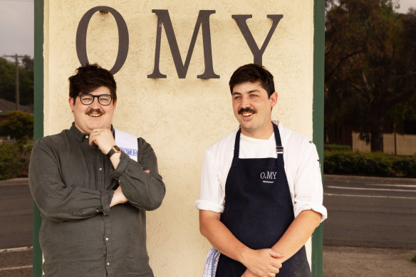 Sommelier Chayse Bertoncello (left) and chef Blayne Bertoncello outside their Beaconsfield fine-dining restaurant O.My.