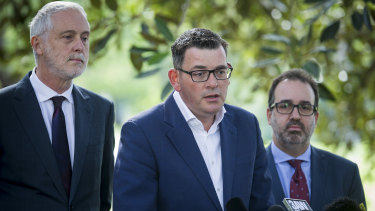 Premier Daniel Andrews flanked by Special Minister of State Gavin Jennings and Attorney-General Martin Pakula