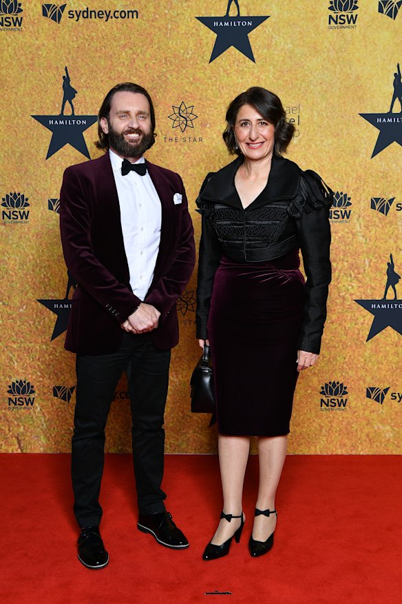 Gladys Berejiklian on the Hamilton red carpet with Qantas executive Andrew Parker in March.