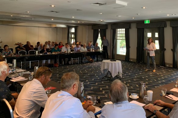 Seafood Industry Australia chief executive Jane Lovell addresses the national crisis meeting in Fremantle on Wednesday.