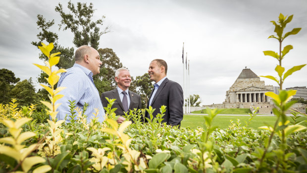 Josh Frydenberg with Dr Lyndon Ormond-Parker (left) and Dean Lee (middle) in front of the Shrine of Remembrance.