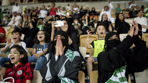 Fans at a game in Jeddah in January, the first soccer match women were allowed to attend at a public stadium in the country.