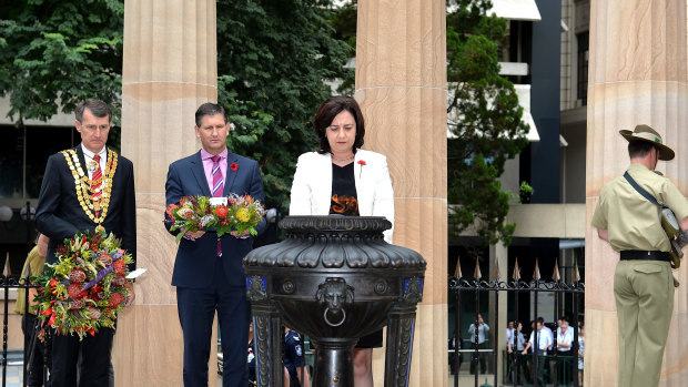 Premier Annastacia Palaszczuk with Brisbane lord mayor Graham Quirk and then-opposition leader Lawrence Springborg at the 2015 Remembrance Day commemoration at Brisbane's Shrine of Remembrance.