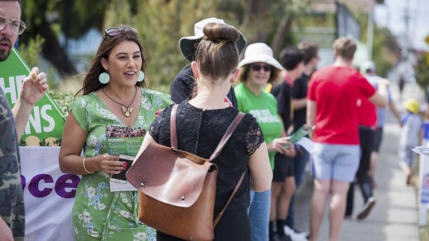 Lidia Thorpe, the Greens MP for the state seat of Northcote, greeted voters in Thornbury.