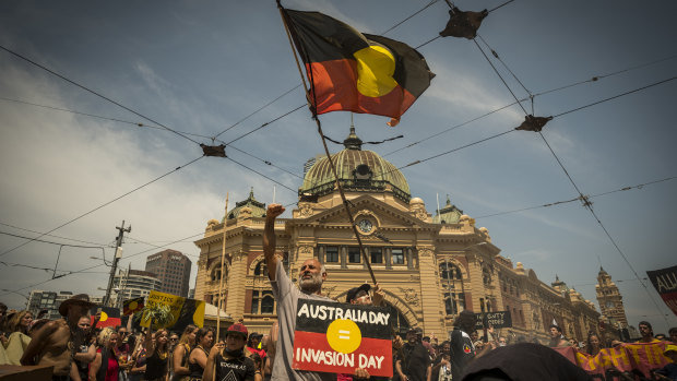 The Invasion Day rally reached a crescendo outside Flinders Street Station.