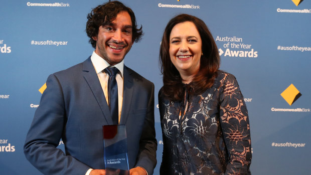 Queensland Australian of the Year winner Johnathan Thurston with Queensland Premier Annastacia Palaszczuk at the awards night at The Old Museum in Brisbane on Wednesday.