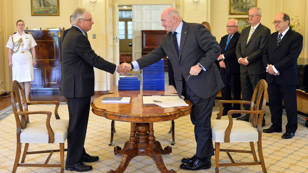 Commissioner Justice Peter McClellan (left) and the Governor-General of Australia Peter Cosgrove at the signing ceremony and the release of the final report of the Royal Commission into Institutional Responses to Child Sexual Abuse