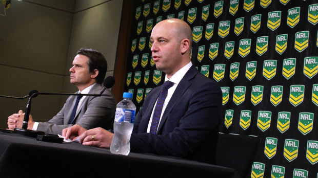 Sanctions: Nick Weeks and Todd Greenberg announce the punishment handed down to Parramatta for salary cap rorting in May, 2016.