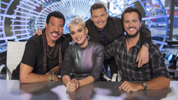 Lionel Richie, Katy Perry, Ryan Seacrest and Luke Bryan on the set of American Idol.