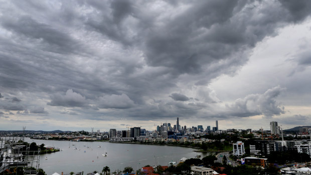 Dark clouds linger over Brisbane City on Monday afternoon.