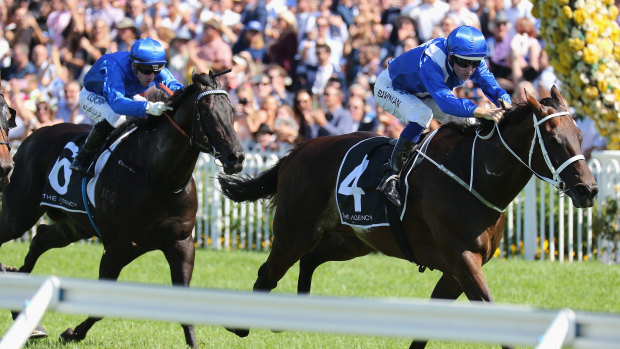 Class prevails: Winx, ridden by Hugh Bowman, sprints clear in the George Ryder Stakes.