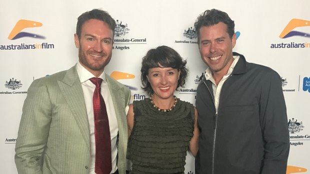 The director of Oscar-nominated short ''The Eleven O'Clock'', Derin Seale (right), with writer-actor Josh Lawson and producer Karen Bryson at an Australian consulate-general reception for Oscar nominees in Los Angeles.