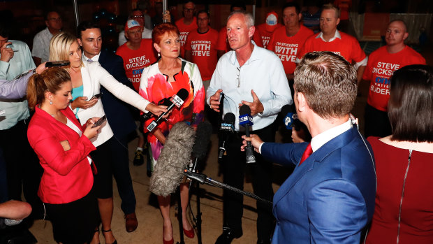 One Nation Senator Pauline Hanson and former member for Buderim Steve Dickson address the media at their election-night party in Buderim.