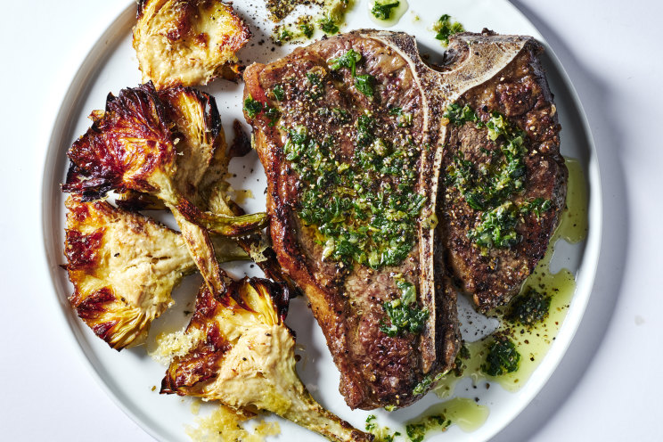 T-bone steak recipe with artichoke chips and salse verde