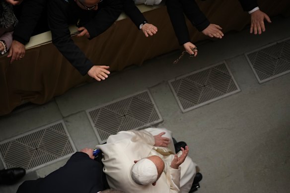 Arriving for a Jubilee audience in the Pope Paul VI Hall at the Vatican on February 1, 2025.