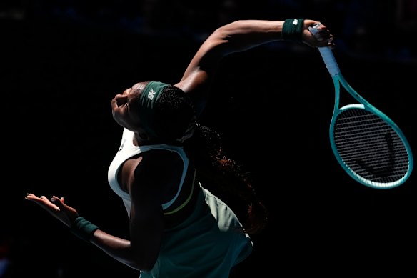 Coco Gauff serves in her quarter-final against Paula Badosa. 