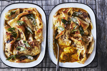 Malaysian-style pumpkin and chicken curry pie with roti. Sage Creative autumn/winter recipes for Good Food online and Home made page. June 2022. Good Food use only. Please credit Jeremy Simons