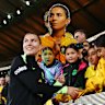 Matildas star Steph Catley mixes with fans at Marvel Stadium on Friday night.