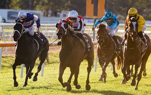 Tommy Sherry goes for home on Kirwan’s Lane in the Hawkesbury Cup.