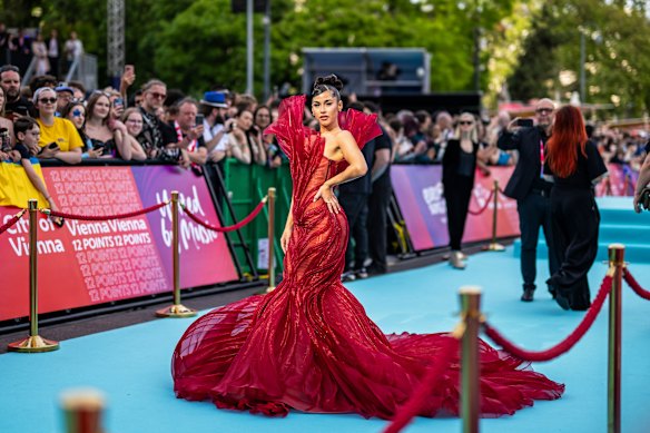 Sarah Engels, representing Germany, attends the Turquoise Carpet of the 70th Eurovision Song Contest opening ceremony at Rathausplatz in Vienna. The contest is being held at the Wiener Stadthalle in Vienna. 