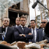 Italian Prime Minister Mario Draghi, left, and French President Emmanuel Macron in Irpin on Thursday.