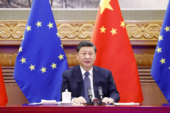 Chinese President Xi Jinping speaks during a video meeting with European Union leaders on Saturday.