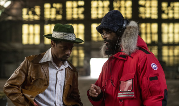 Director Shaka King (right) with LaKeith Stanfield on the set of Judas and the Black Messiah. 