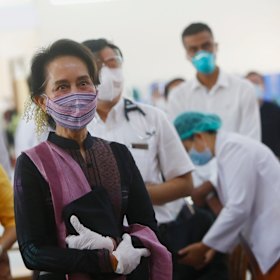 Aung San Suu Kyi last week inspecting the vaccination processes of health workers at a hospital in Naypyitaw, Myanmar. 