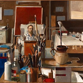 Evan Salmon’s Studio interior, reflection (self-portrait).
