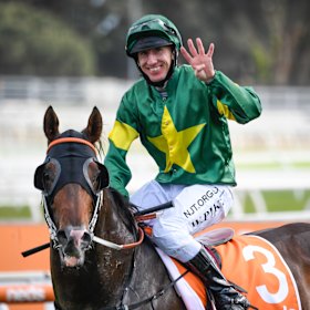 William Pike return on Ole Kirk after winning the Caulfield Guineas