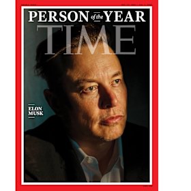 Elon Musk on the cover of Time magazine’s December 27 - January 3 double issue announcing Musk as their 2021 “Person of the Year”.