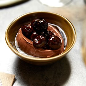 Chocolate sorbet with brandied cherries.